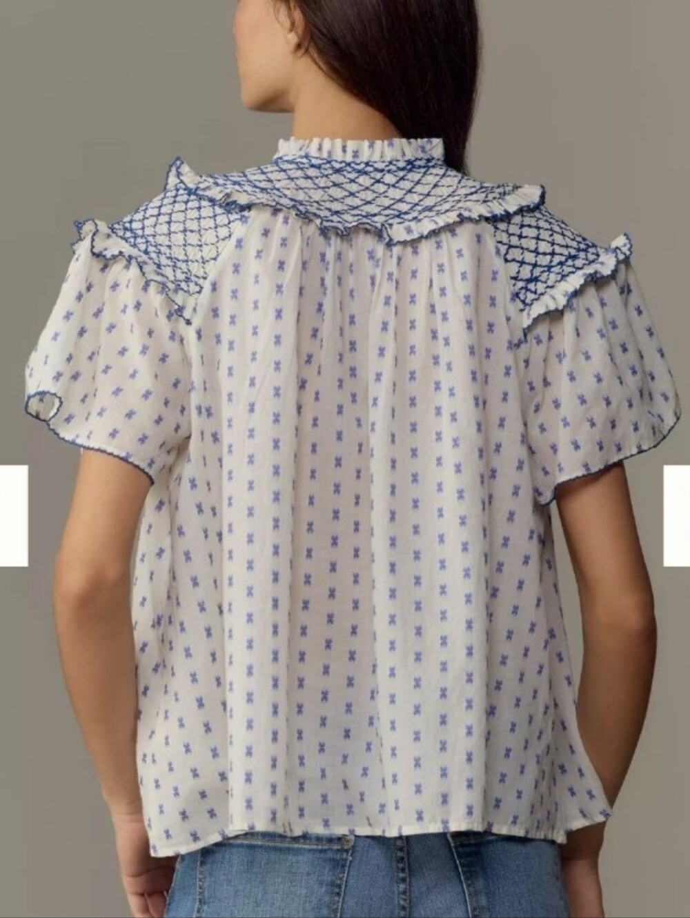Anthropologie XS Pilcro Short-Sleeve Smocked Clip Dot Blouse - Picture 9 of 11